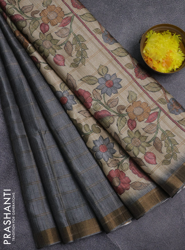 Semi tussar saree grey and beige with allover zari checked pattern and kalamkari printed pallu