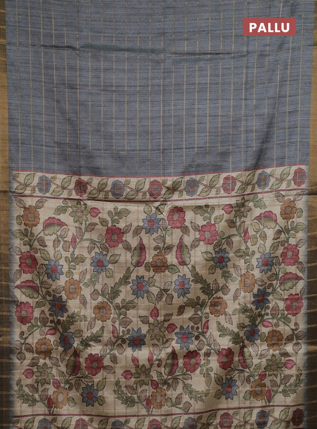 Semi tussar saree grey and beige with allover zari checked pattern and kalamkari printed pallu