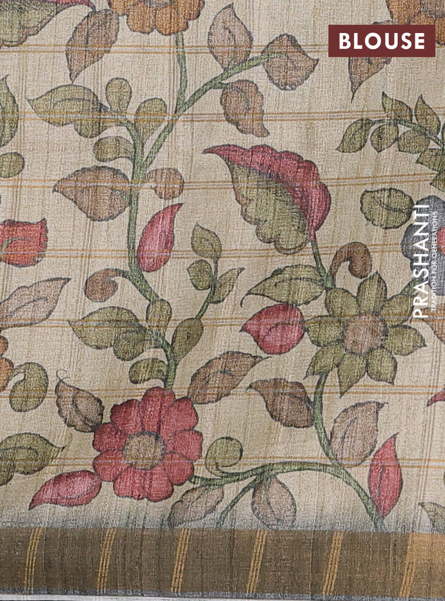 Semi tussar saree grey and beige with allover zari checked pattern and kalamkari printed pallu