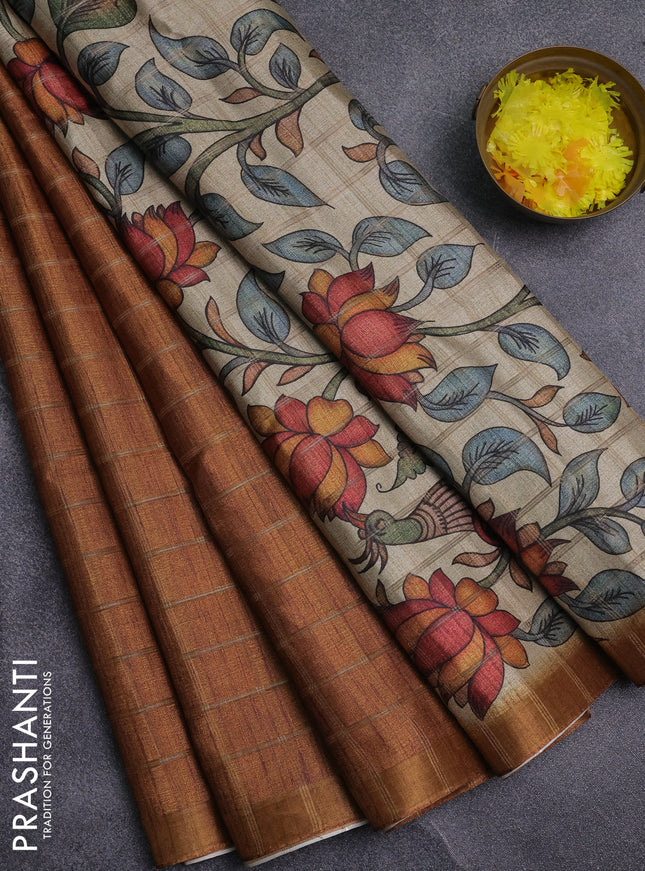 Semi tussar saree mustard yellow and beige with allover zari checked pattern and kalamkari printed pallu