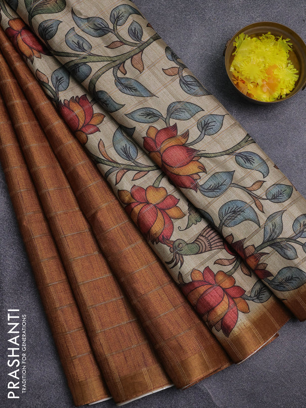 Semi tussar saree mustard yellow and beige with allover zari checked pattern and kalamkari printed pallu
