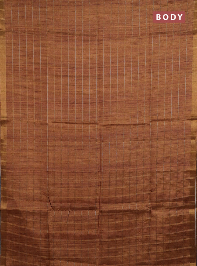 Semi tussar saree mustard yellow and beige with allover zari checked pattern and kalamkari printed pallu