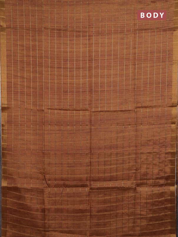 Semi tussar saree mustard yellow and beige with allover zari checked pattern and kalamkari printed pallu