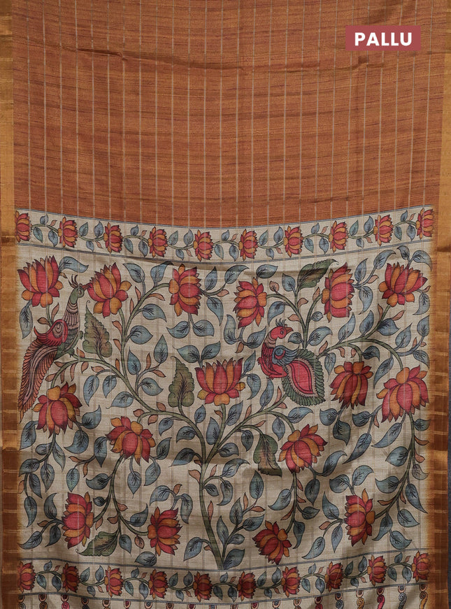 Semi tussar saree mustard yellow and beige with allover zari checked pattern and kalamkari printed pallu