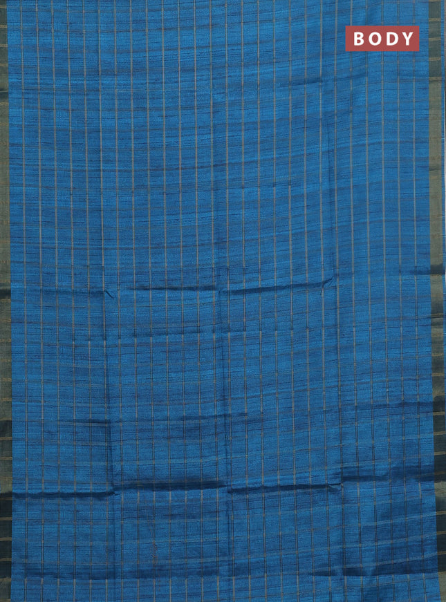 Semi tussar saree cs blue and beige with allover zari checked pattern and kalamkari printed pallu