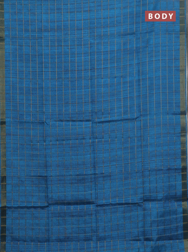 Semi tussar saree cs blue and beige with allover zari checked pattern and kalamkari printed pallu