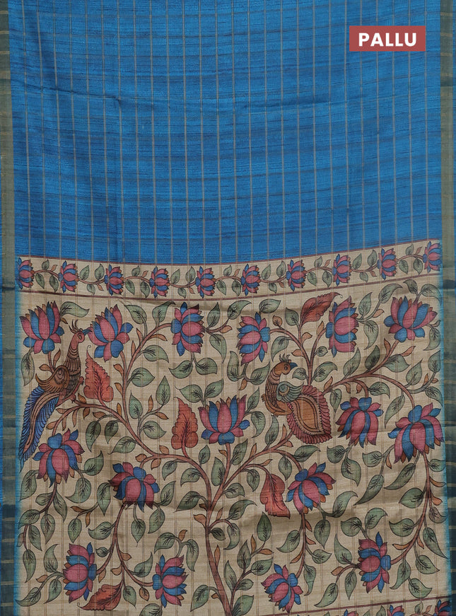 Semi tussar saree cs blue and beige with allover zari checked pattern and kalamkari printed pallu