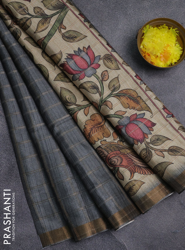 Semi tussar saree grey and beige with allover zari checked pattern and kalamkari printed pallu