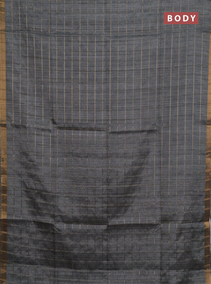 Semi tussar saree grey and beige with allover zari checked pattern and kalamkari printed pallu