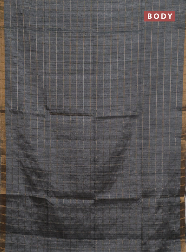 Semi tussar saree grey and beige with allover zari checked pattern and kalamkari printed pallu