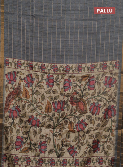 Semi tussar saree grey and beige with allover zari checked pattern and kalamkari printed pallu