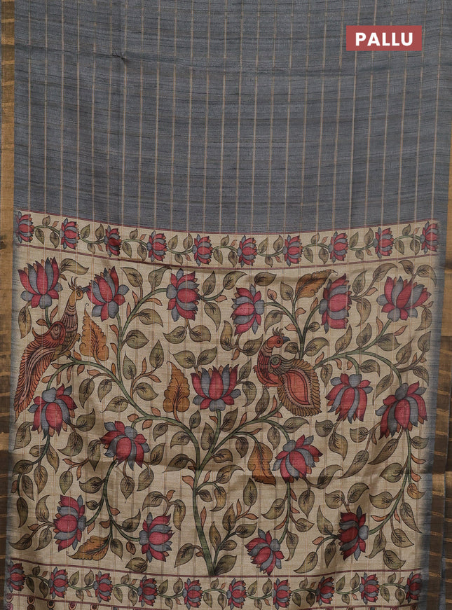 Semi tussar saree grey and beige with allover zari checked pattern and kalamkari printed pallu