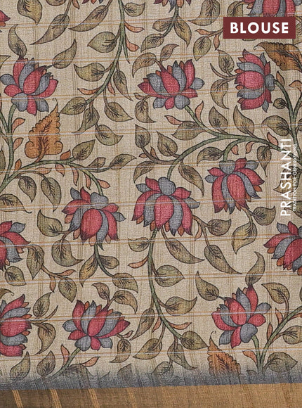 Semi tussar saree grey and beige with allover zari checked pattern and kalamkari printed pallu