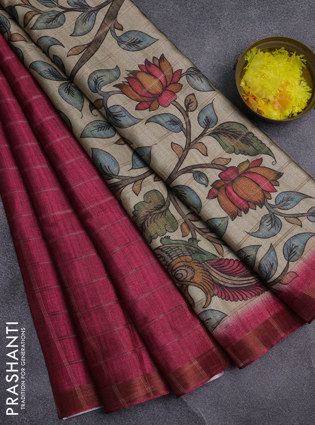Semi tussar saree pink and beige with allover zari checked pattern and kalamkari printed pallu