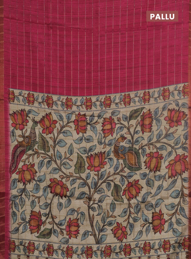 Semi tussar saree pink and beige with allover zari checked pattern and kalamkari printed pallu