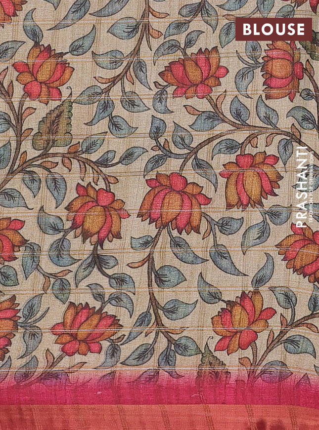 Semi tussar saree pink and beige with allover zari checked pattern and kalamkari printed pallu