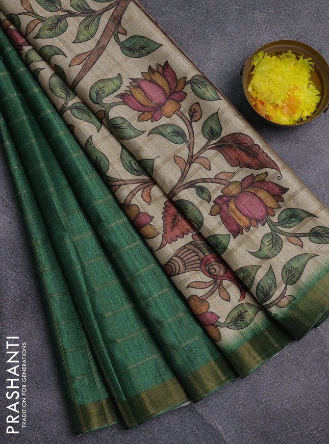 Semi tussar saree green and beige with allover zari checked pattern and kalamkari printed pallu
