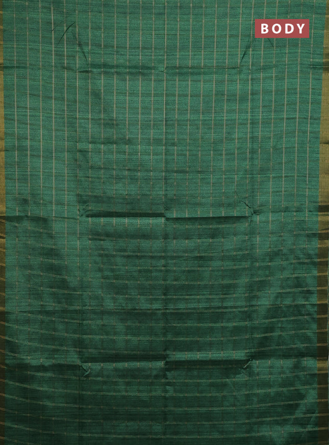 Semi tussar saree green and beige with allover zari checked pattern and kalamkari printed pallu