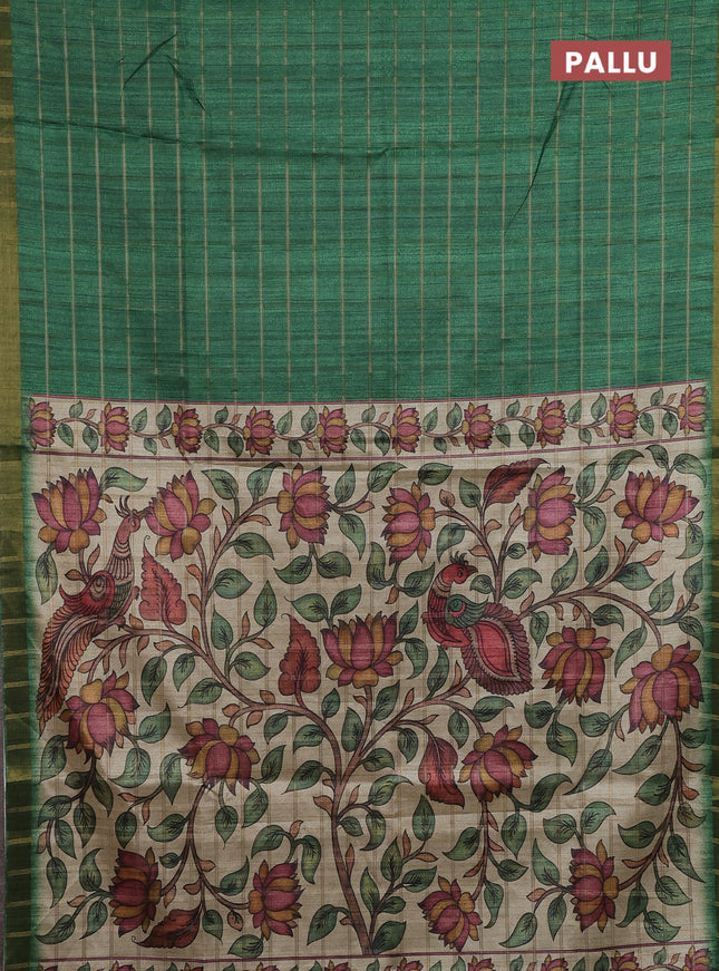 Semi tussar saree green and beige with allover zari checked pattern and kalamkari printed pallu