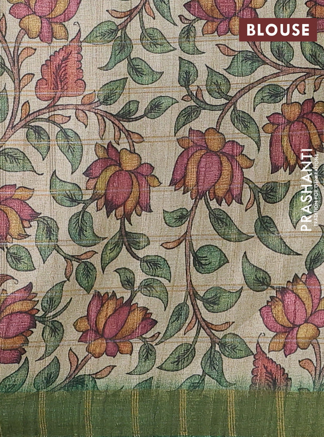 Semi tussar saree green and beige with allover zari checked pattern and kalamkari printed pallu