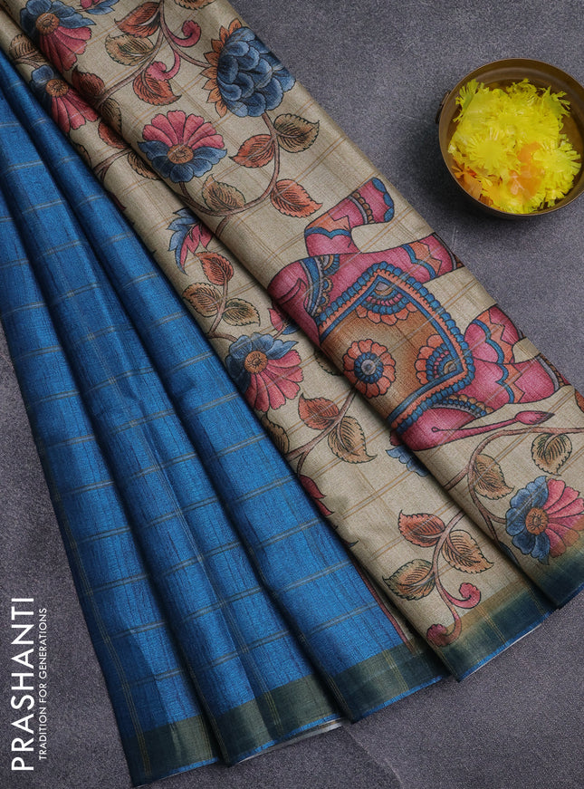 Semi tussar saree cs blue and beige with allover zari checked pattern and kalamkari printed pallu