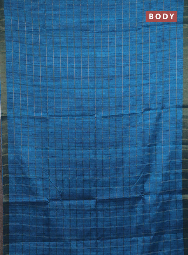 Semi tussar saree cs blue and beige with allover zari checked pattern and kalamkari printed pallu