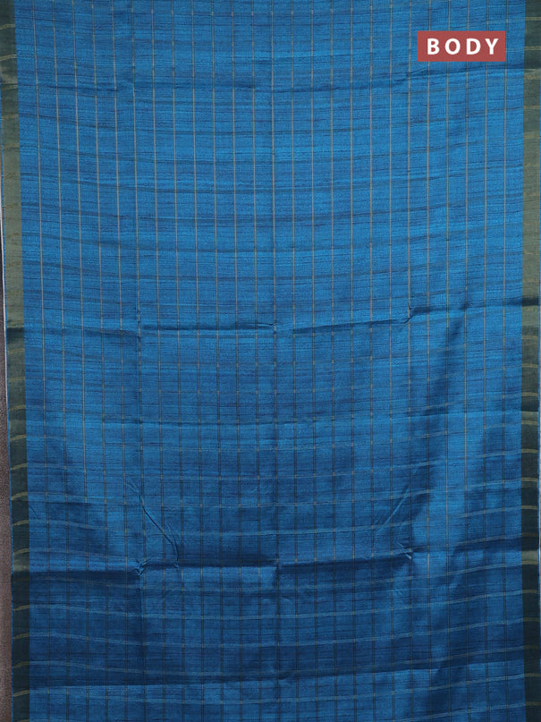 Semi tussar saree cs blue and beige with allover zari checked pattern and kalamkari printed pallu