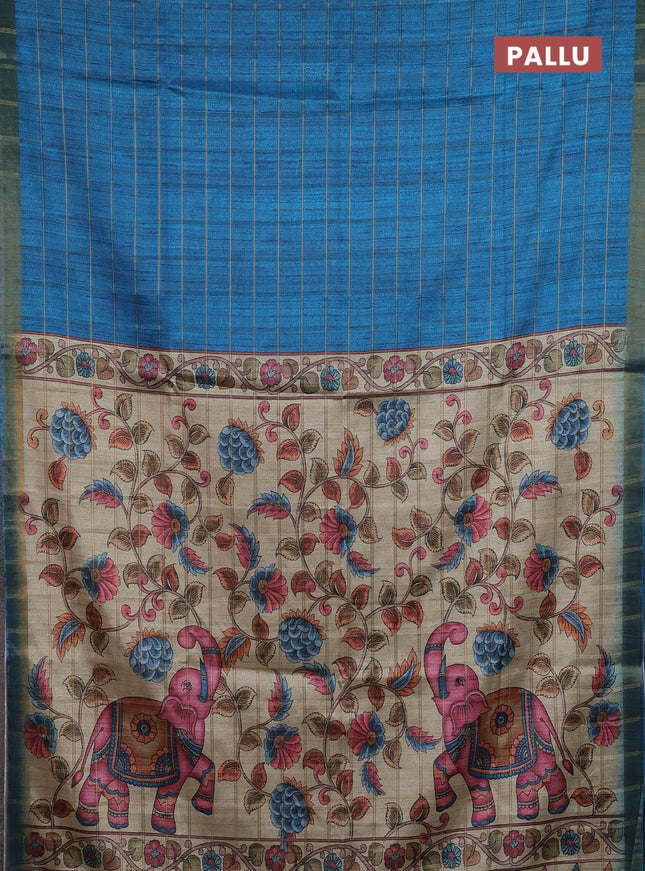 Semi tussar saree cs blue and beige with allover zari checked pattern and kalamkari printed pallu