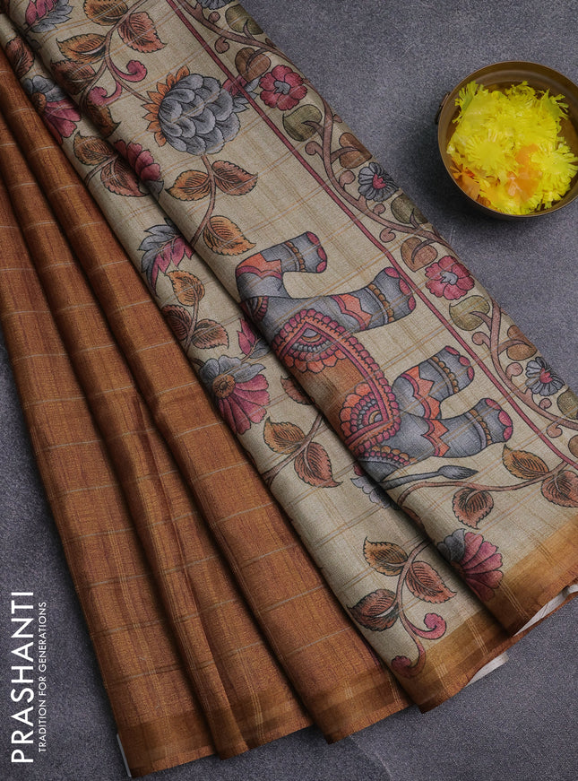 Semi tussar saree mustard yellow and beige with allover zari checked pattern and kalamkari printed pallu