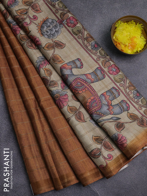 Semi tussar saree mustard yellow and beige with allover zari checked pattern and kalamkari printed pallu