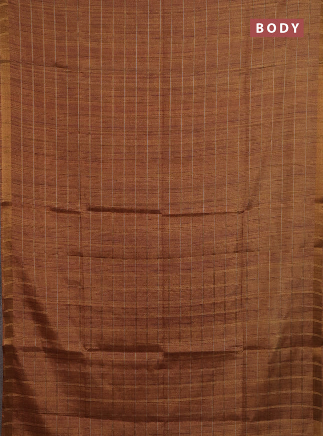 Semi tussar saree mustard yellow and beige with allover zari checked pattern and kalamkari printed pallu