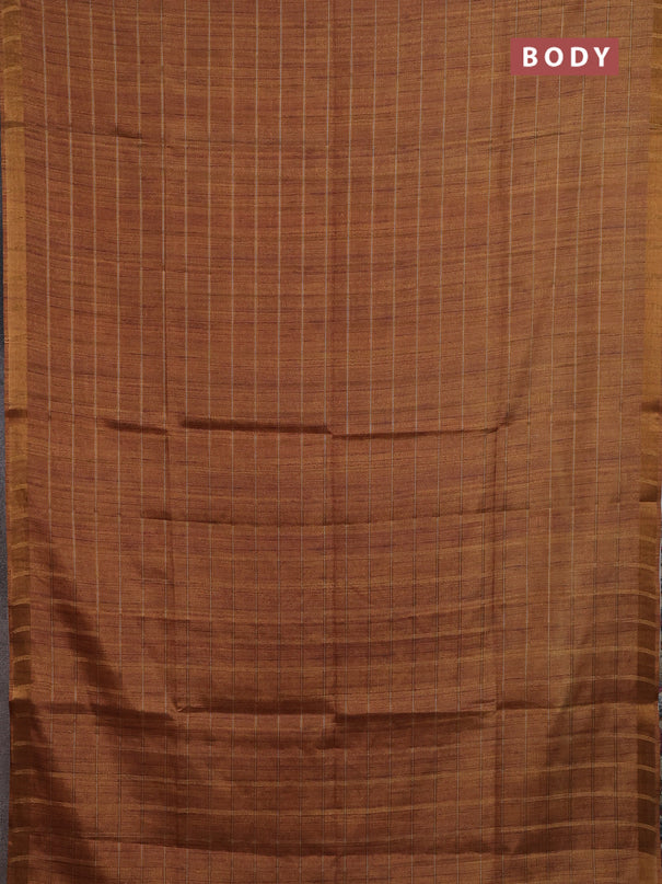 Semi tussar saree mustard yellow and beige with allover zari checked pattern and kalamkari printed pallu