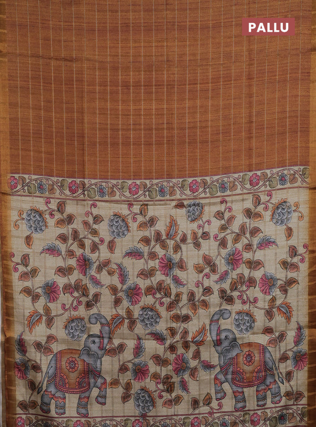 Semi tussar saree mustard yellow and beige with allover zari checked pattern and kalamkari printed pallu