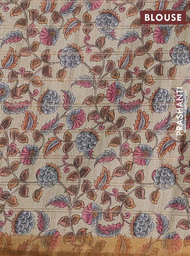 Semi tussar saree mustard yellow and beige with allover zari checked pattern and kalamkari printed pallu