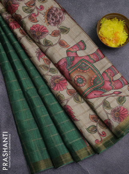 Semi tussar saree green and beige with allover zari checked pattern and kalamkari printed pallu