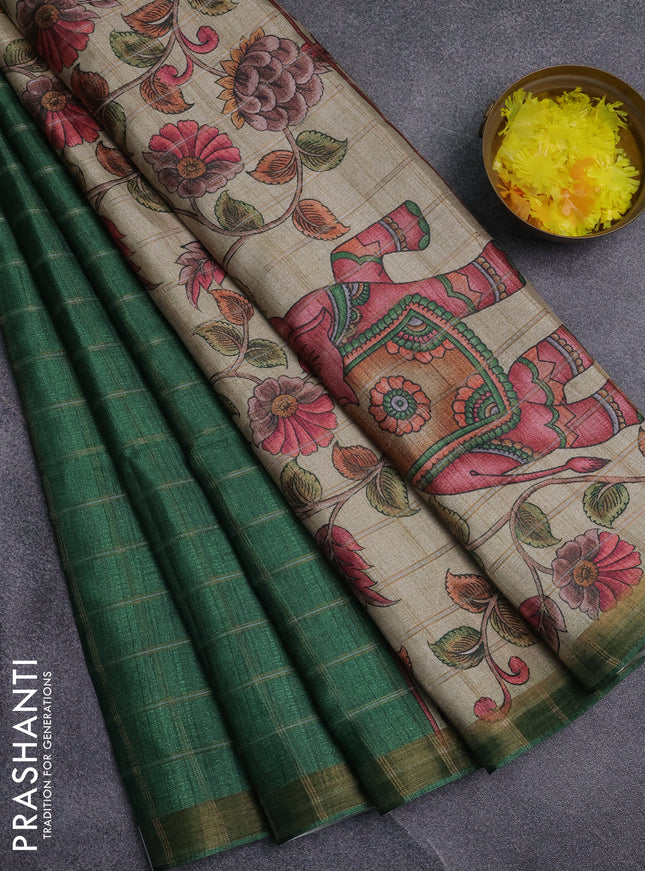 Semi tussar saree green and beige with allover zari checked pattern and kalamkari printed pallu