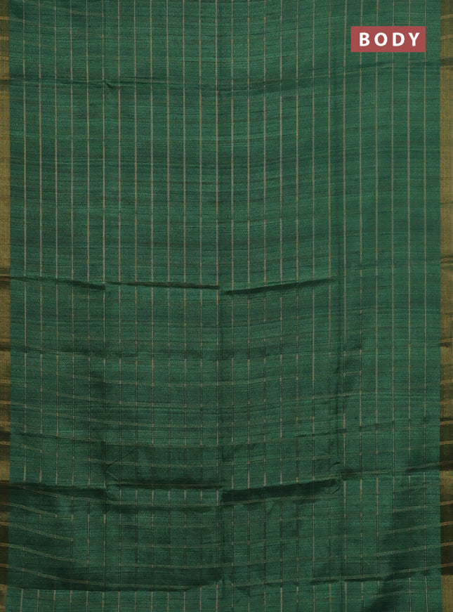 Semi tussar saree green and beige with allover zari checked pattern and kalamkari printed pallu