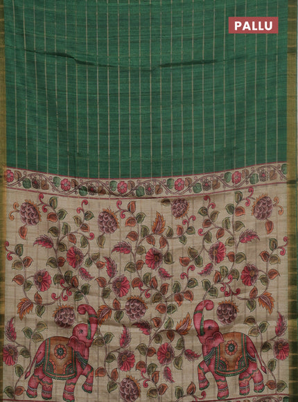 Semi tussar saree green and beige with allover zari checked pattern and kalamkari printed pallu
