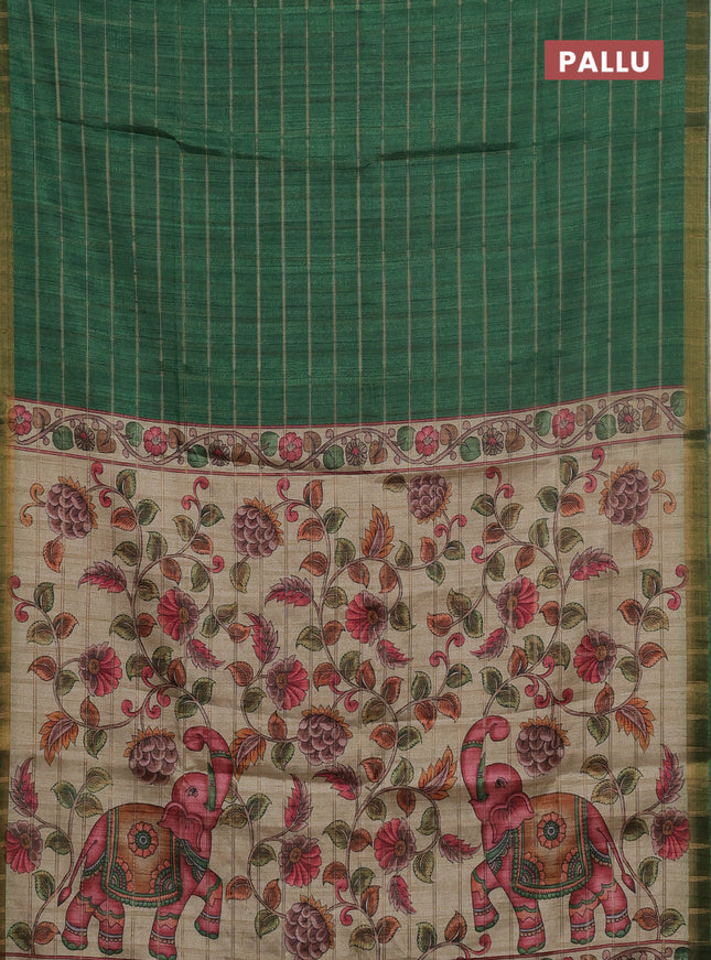 Semi tussar saree green and beige with allover zari checked pattern and kalamkari printed pallu