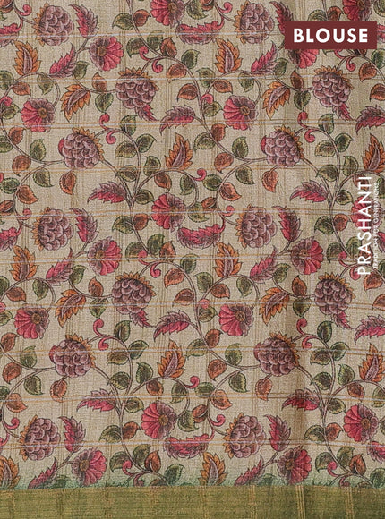 Semi tussar saree green and beige with allover zari checked pattern and kalamkari printed pallu