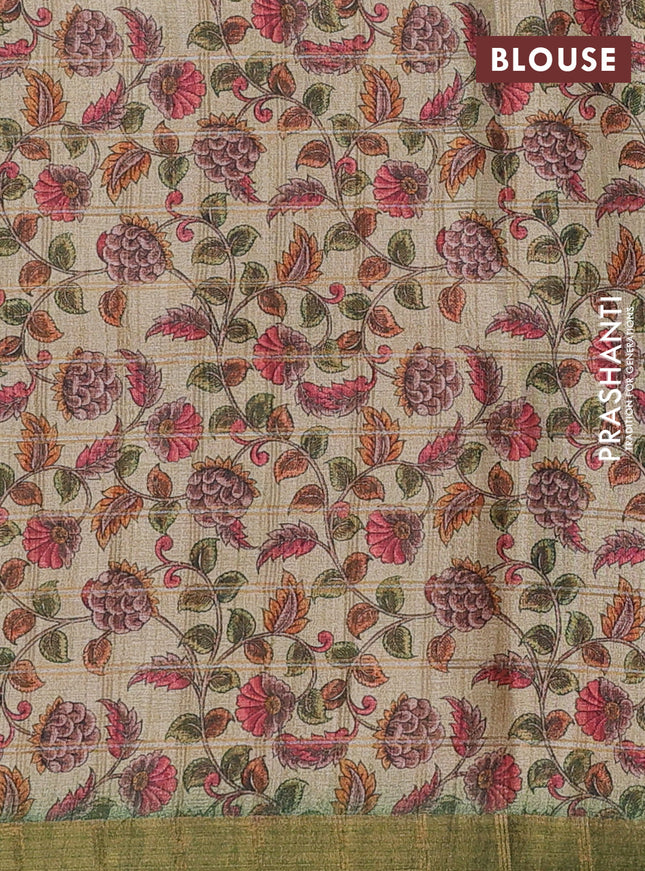 Semi tussar saree green and beige with allover zari checked pattern and kalamkari printed pallu