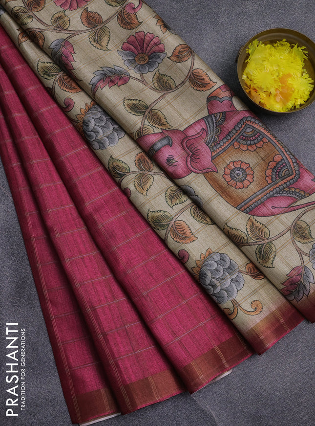 Semi tussar saree pink and beige with allover zari checked pattern and kalamkari printed pallu