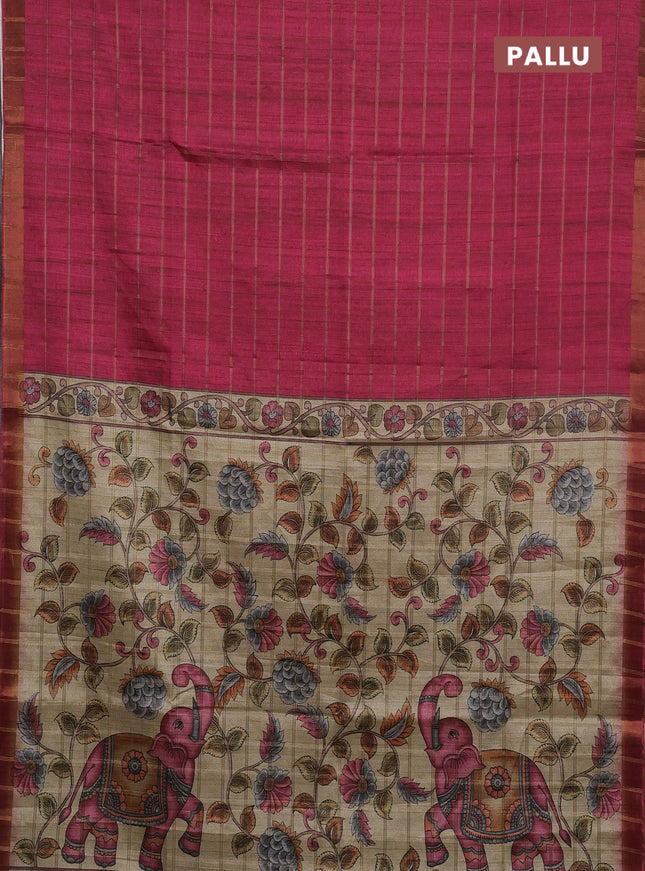 Semi tussar saree pink and beige with allover zari checked pattern and kalamkari printed pallu