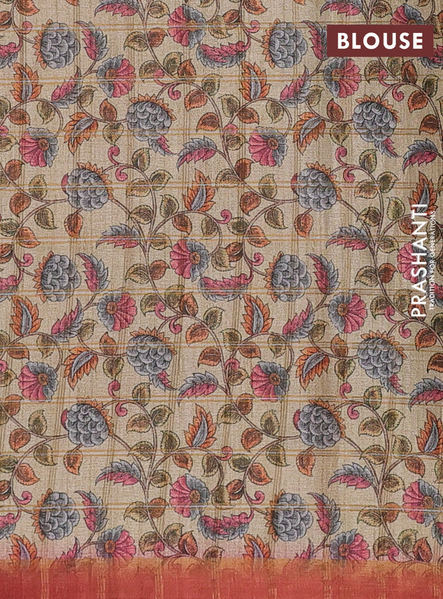 Semi tussar saree pink and beige with allover zari checked pattern and kalamkari printed pallu