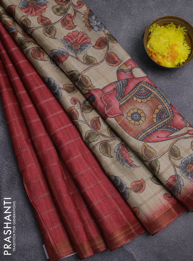 Semi tussar saree maroon and beige with allover zari checked pattern and kalamkari printed pallu