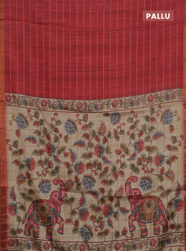 Semi tussar saree maroon and beige with allover zari checked pattern and kalamkari printed pallu