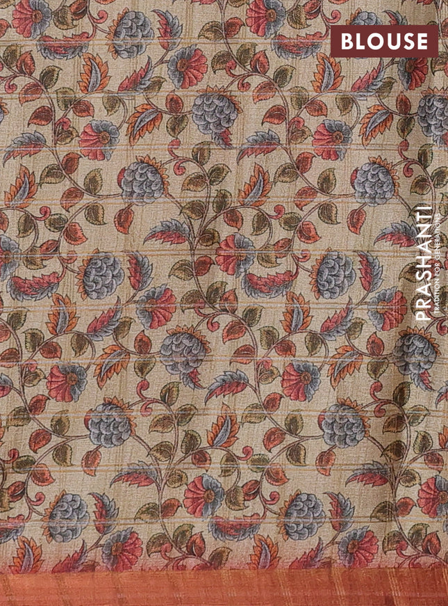 Semi tussar saree maroon and beige with allover zari checked pattern and kalamkari printed pallu