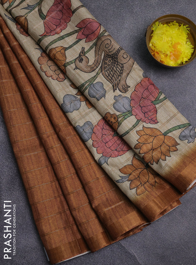 Semi tussar saree mustard yellow and beige with allover zari checked pattern and kalamkari printed pallu