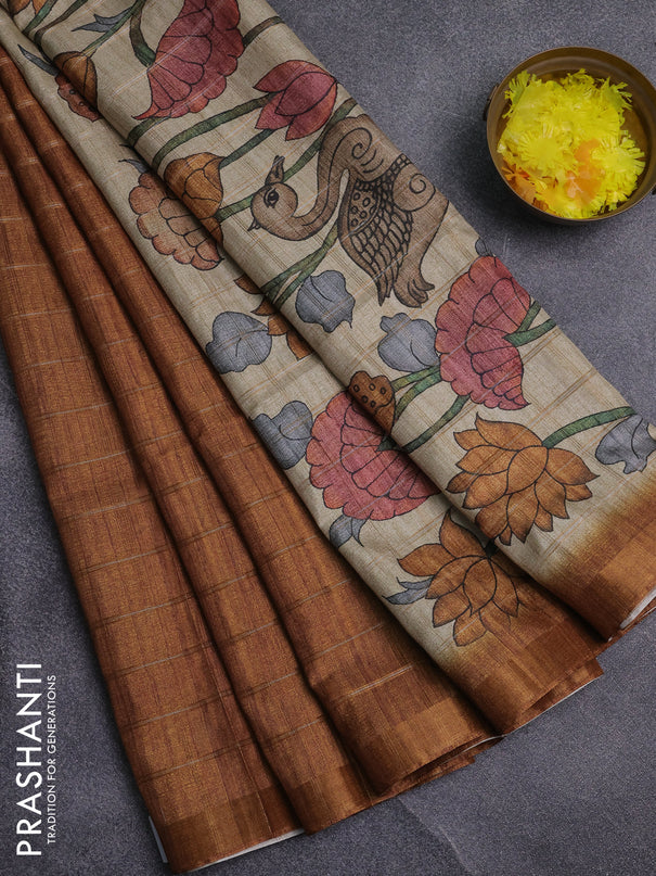 Semi tussar saree mustard yellow and beige with allover zari checked pattern and kalamkari printed pallu