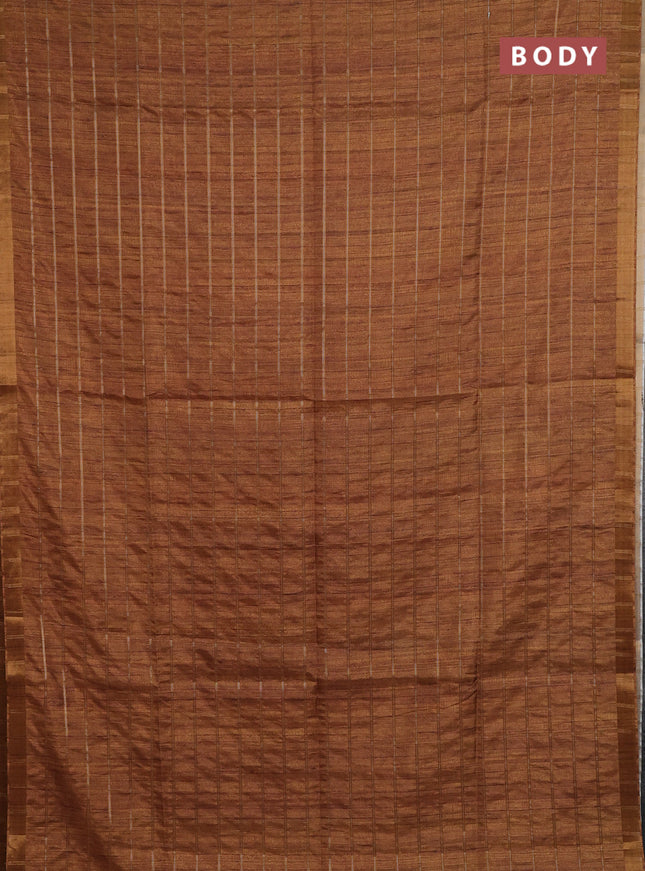 Semi tussar saree mustard yellow and beige with allover zari checked pattern and kalamkari printed pallu